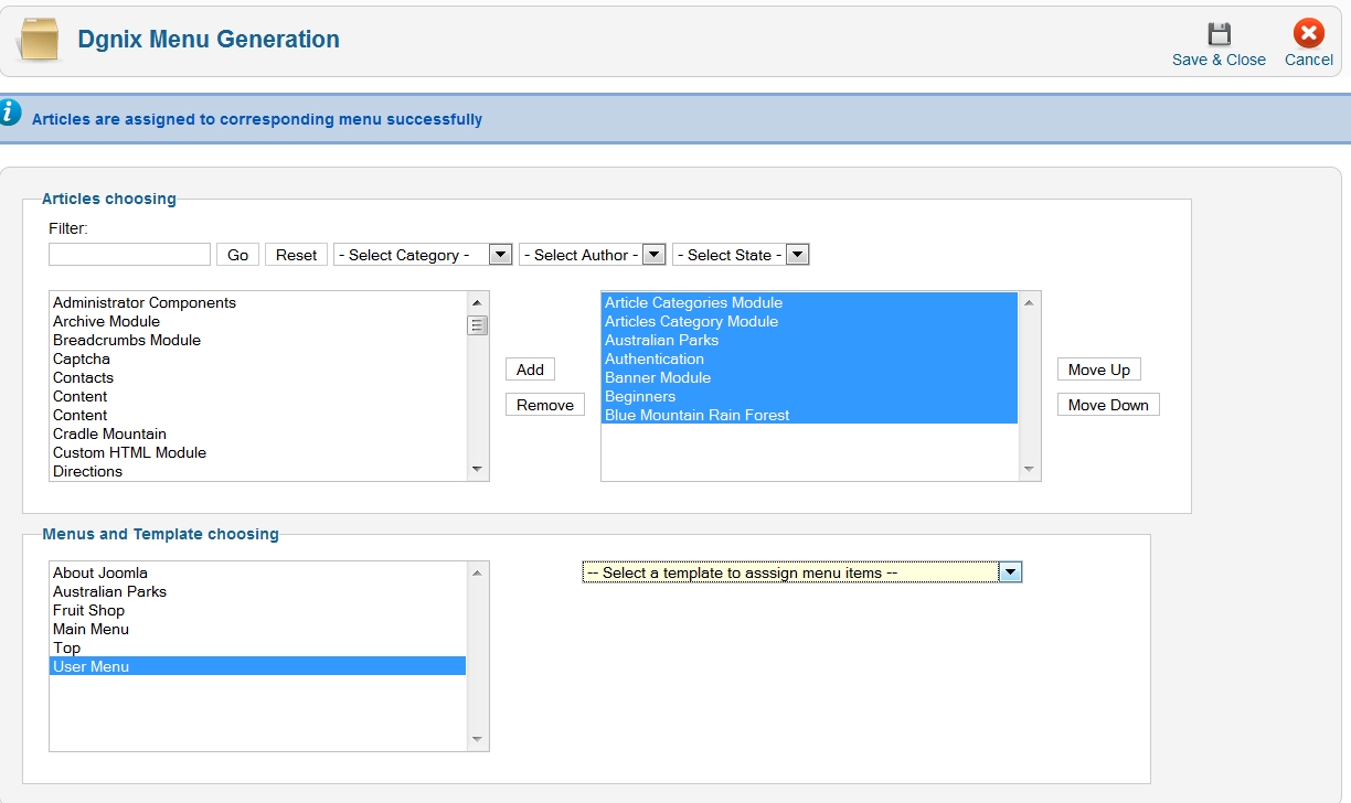 Joomla Admin Panel Menu Generation Screenshot